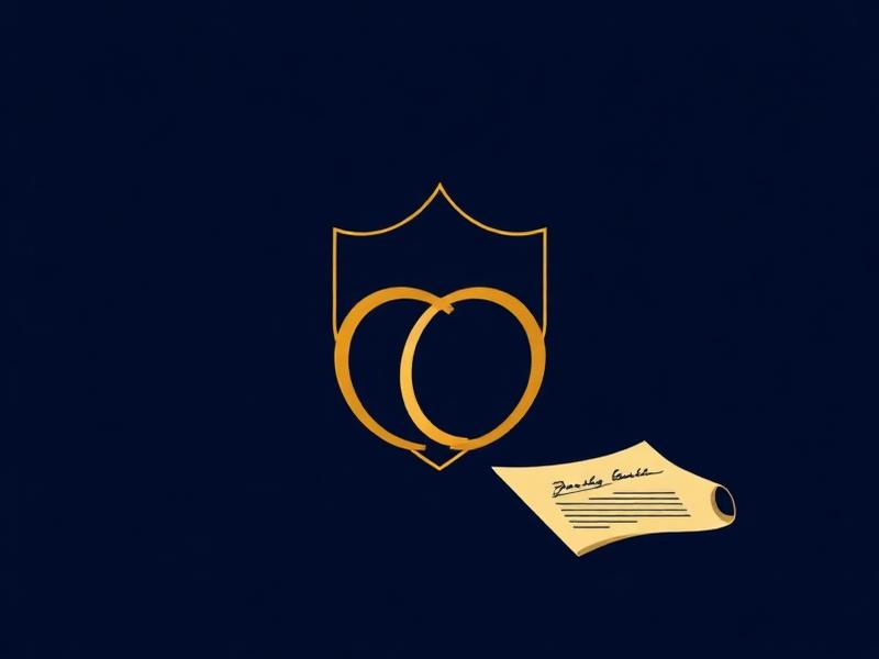 Ilustração de escudo e documento em linhas douradas sobre fundo azul-marinho