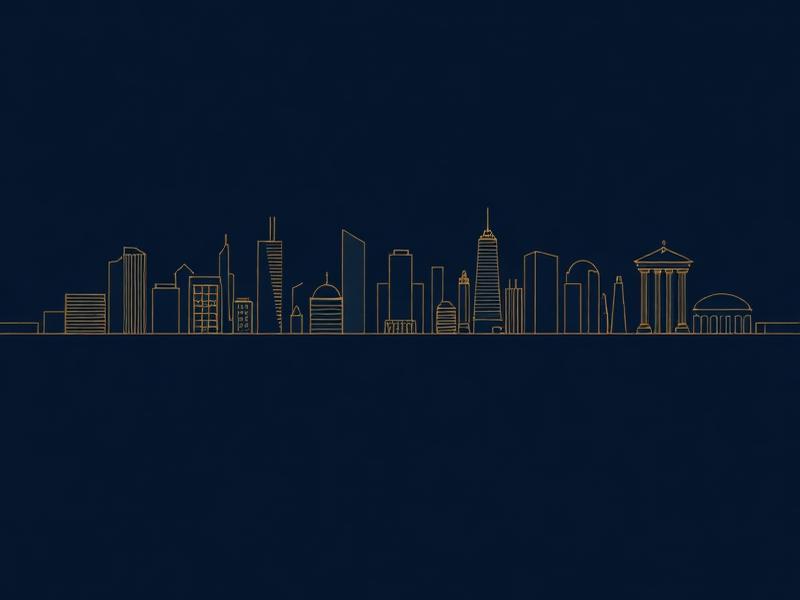 Ilustração de skyline patrimonial em linhas douradas sobre fundo azul-marinho